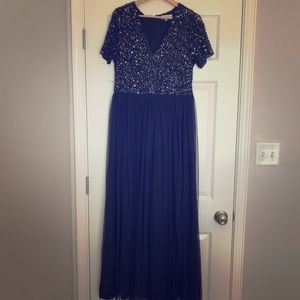 Short Sleeve Navy Blue Long Sequin Dress